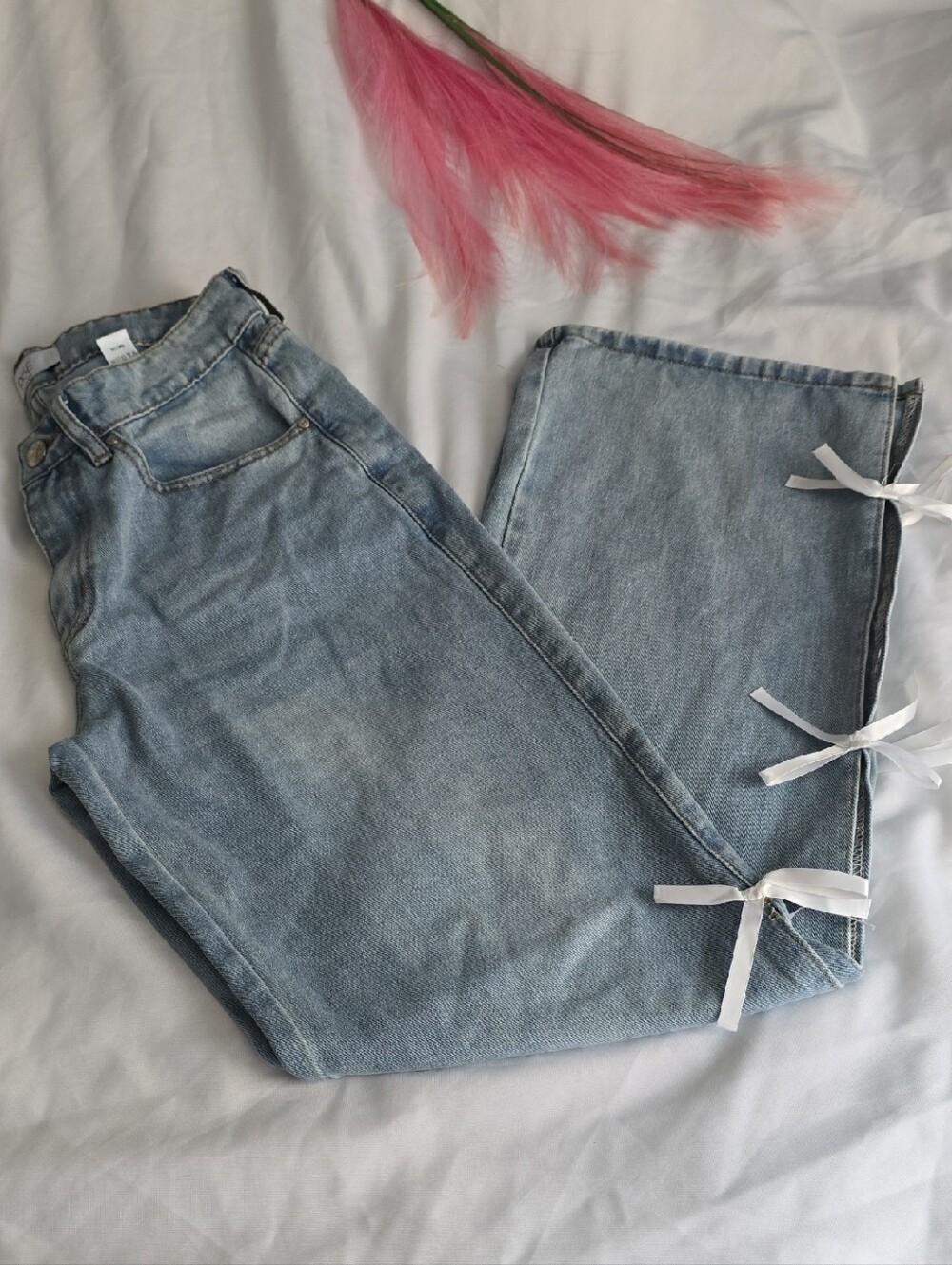 Junior's Denim Wide Leg Jeans with Side Bow Details- Size 5